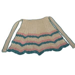 Vintage Crochet Apron Retro Striped Green Pink White Handmade Scalloped Bottom